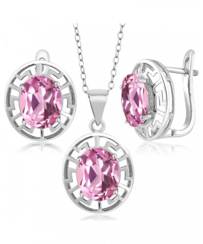 925 Sterling Silver Light Pink Created Sapphire Pendant and Earrings Jewelry Set For Women | 9.00 Cttw | Gemstone September B...