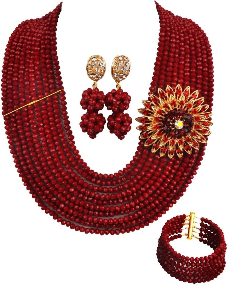 10 Rows Classic Crystal Bridal Jewelry Sets Nigerian Wedding African Beads Jewelry Set Opaque Red $19.80 Jewelry Sets