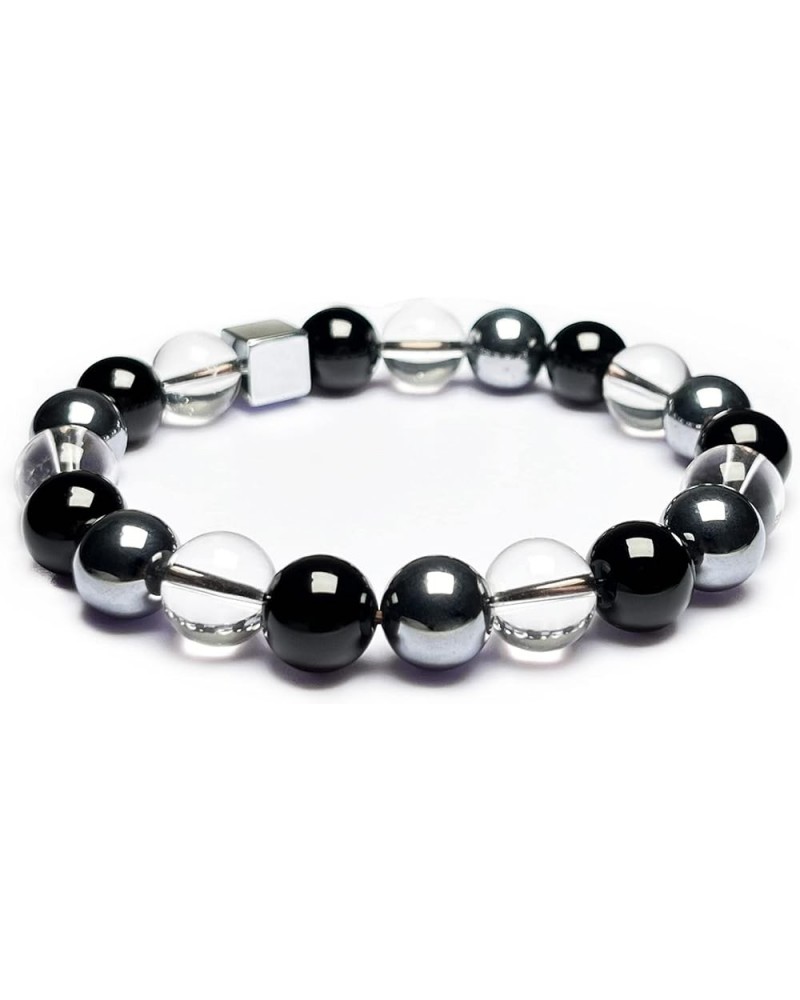 Crystal Bracelet Natural Black Onyx Lava Healing Stone 10mm Round Beads Hematite Square Bead Stretch Bracelet Unisex Clear Qu...