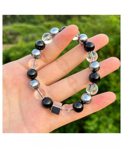 Crystal Bracelet Natural Black Onyx Lava Healing Stone 10mm Round Beads Hematite Square Bead Stretch Bracelet Unisex Clear Qu...