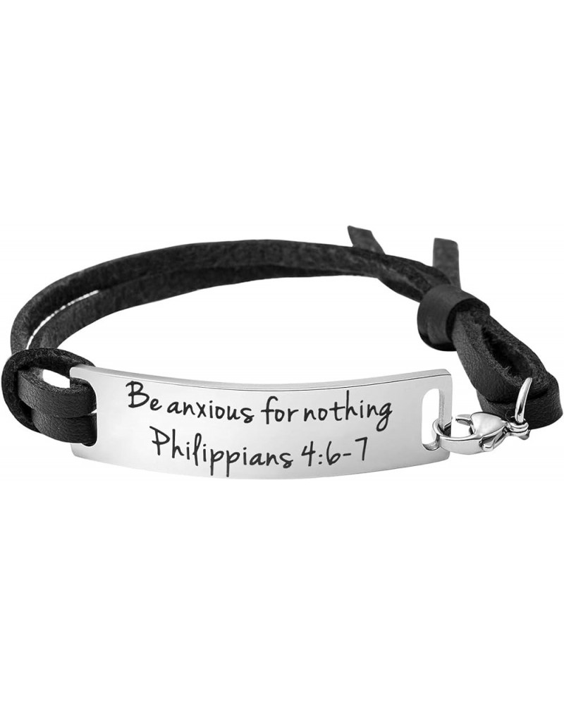 Inspirational Leather Bracelet for Women Christian Engraved Bibler Verse Silver Jewelry Be anxious for nothing $9.85 Bracelets