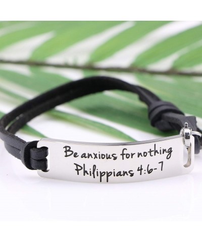 Inspirational Leather Bracelet for Women Christian Engraved Bibler Verse Silver Jewelry Be anxious for nothing $9.85 Bracelets