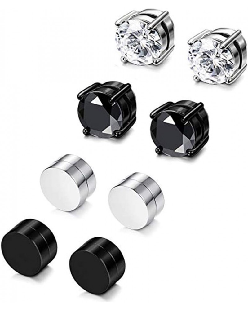 4 Pairs Stainless Steel Magnetic Stud Earrings for Men Women Non Piercing Clip on CZ Earrings 6MM 4 Pairs a Set,6MMBlack + Si...