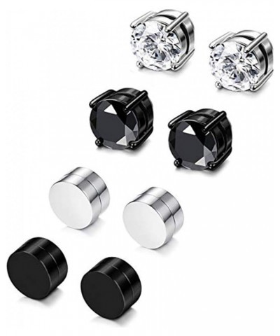 4 Pairs Stainless Steel Magnetic Stud Earrings for Men Women Non Piercing Clip on CZ Earrings 6MM 4 Pairs a Set,6MMBlack + Si...