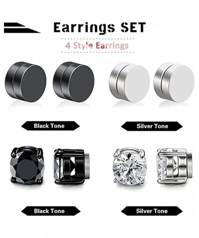 4 Pairs Stainless Steel Magnetic Stud Earrings for Men Women Non Piercing Clip on CZ Earrings 6MM 4 Pairs a Set,6MMBlack + Si...