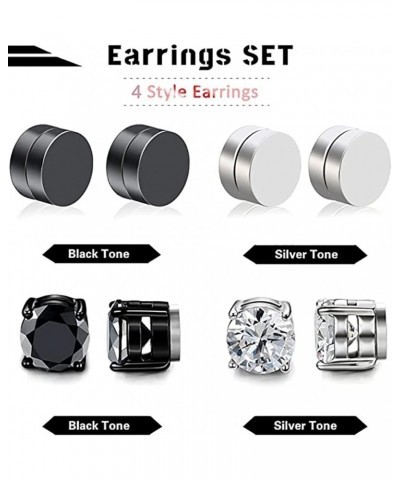 4 Pairs Stainless Steel Magnetic Stud Earrings for Men Women Non Piercing Clip on CZ Earrings 6MM 4 Pairs a Set,6MMBlack + Si...