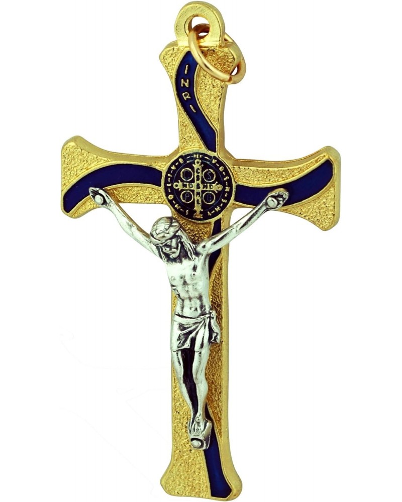 Unique Saint Benedict Cross Pendant with Colored Enamel (Gold-Blue) $11.98 Necklaces