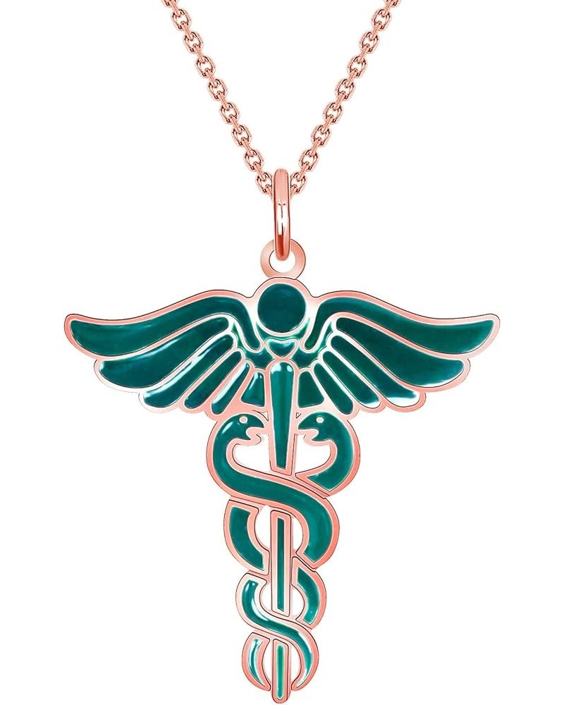 Caduceus Necklace in Solid 14k Gold, Gold Necklace for Doctor Nurse, Made in America 22" Necklace Green Enamel Rose Gold $120...