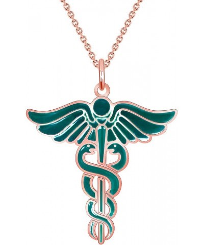 Caduceus Necklace in Solid 14k Gold, Gold Necklace for Doctor Nurse, Made in America 22" Necklace Green Enamel Rose Gold $120...