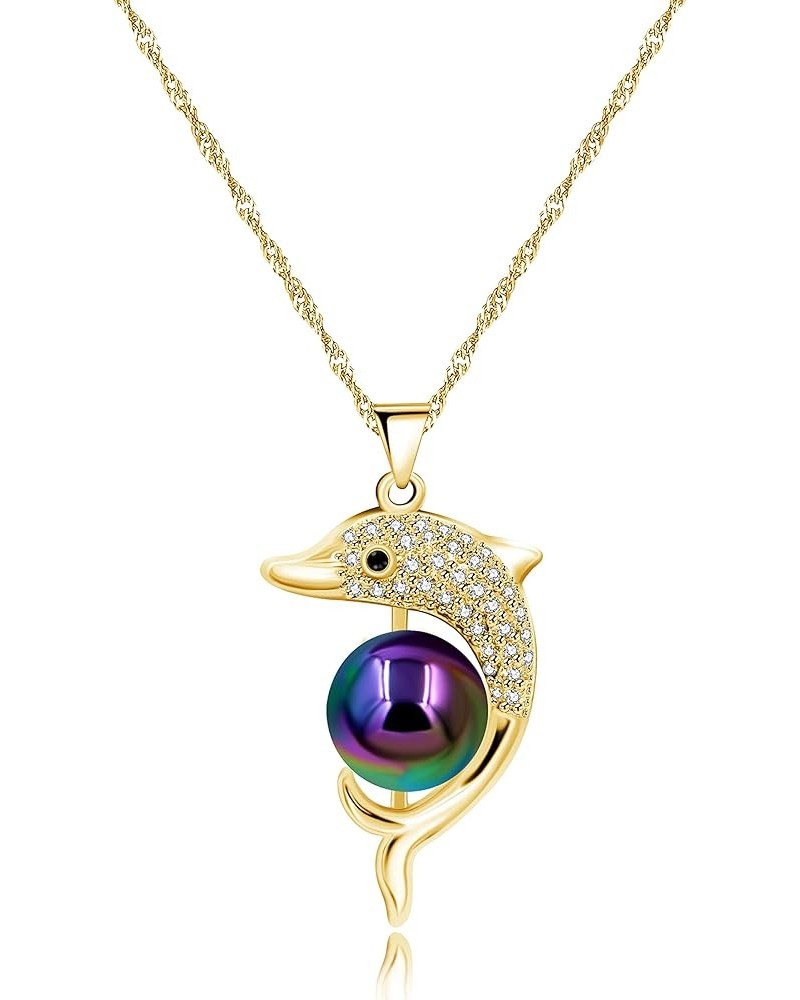 Gold & Platinum Plated Cubic Zirconia Pave Dolphin Playing Pearl Ball Pendant Necklace Y1076 Gold-Multicolor $8.25 Necklaces