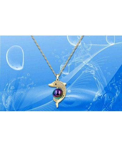 Gold & Platinum Plated Cubic Zirconia Pave Dolphin Playing Pearl Ball Pendant Necklace Y1076 Gold-Multicolor $8.25 Necklaces