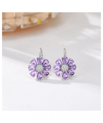 Blue Created Sapphire/Amethyst Flower Earrings for Women 925 Sterling Silver Pear Cut Flower Leverback Earrings Amethyst Flow...