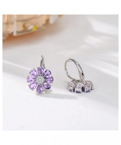 Blue Created Sapphire/Amethyst Flower Earrings for Women 925 Sterling Silver Pear Cut Flower Leverback Earrings Amethyst Flow...