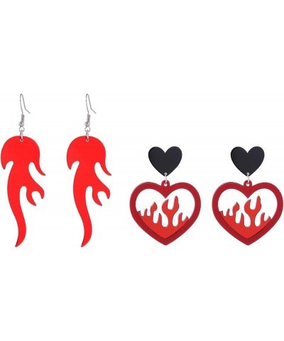 Gothic Lightweight Acrylic Round Fire Dangle Drop Earrings Set Funny Vintage Punk Circle Fire Flame Heart Element Jewelry for...