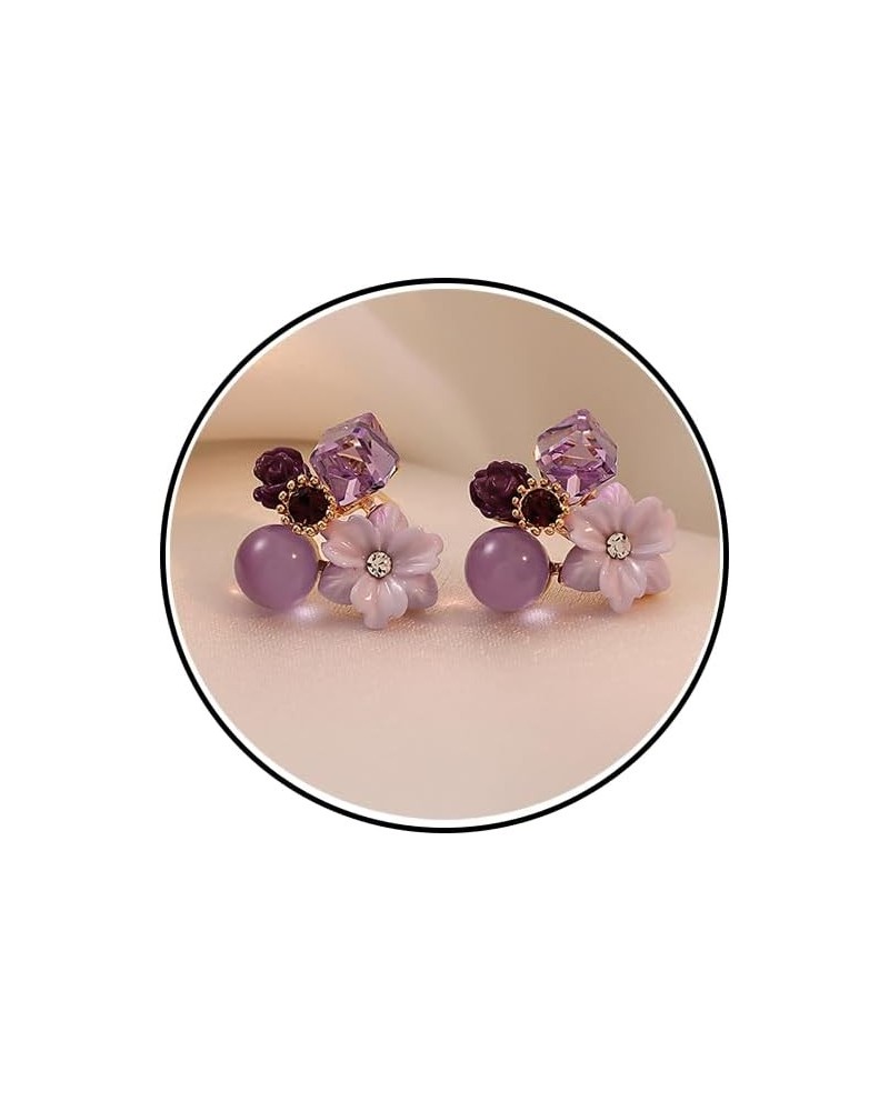 Vintage Purple Flower Earrings Pink Crystal Camellia Earrings Flower Statement Stud Earrings Jewelry for Women Purple $8.54 E...