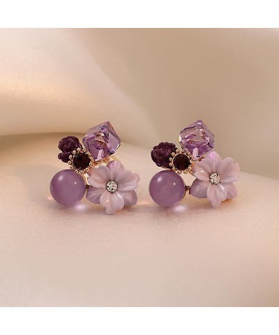 Vintage Purple Flower Earrings Pink Crystal Camellia Earrings Flower Statement Stud Earrings Jewelry for Women Purple $8.54 E...