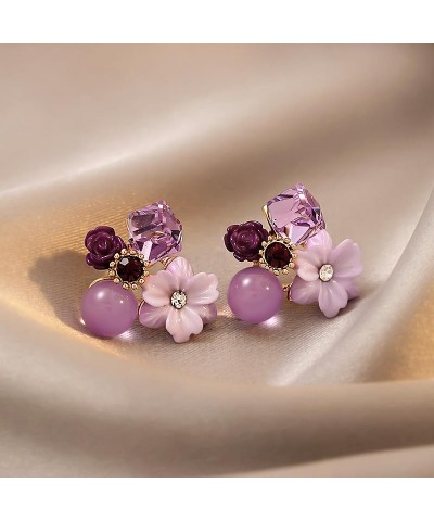 Vintage Purple Flower Earrings Pink Crystal Camellia Earrings Flower Statement Stud Earrings Jewelry for Women Purple $8.54 E...