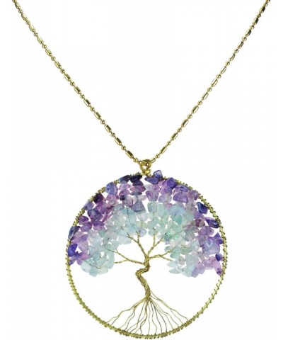 Purple Green Fluorite Stone Eternal Tree of Life Brass Necklace | Pastel Colored Tree of Life Necklace for Women | Trendy Pas...