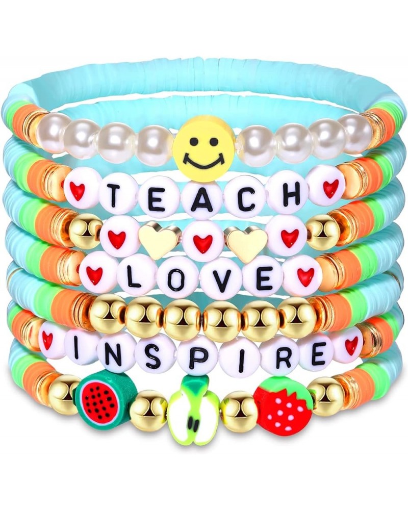 Teacher Bracelets Clay Heishi Beaded Bracelets for Women Stackable Teach Love Inspire Stretch Bracelets Colorful Preppy Brace...