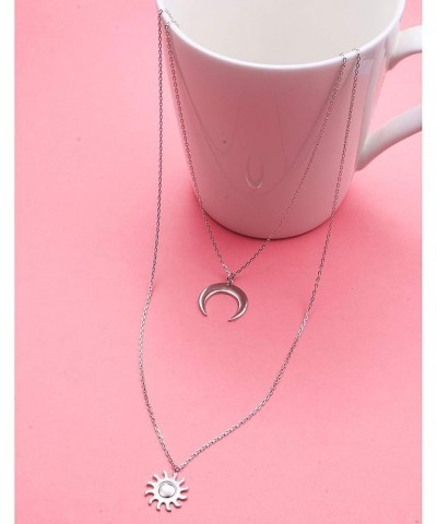 S925 Sterling Silver Double Layered Long Chain Choker Y Clavicle Necklace for Women Moon Sun $17.66 Necklaces