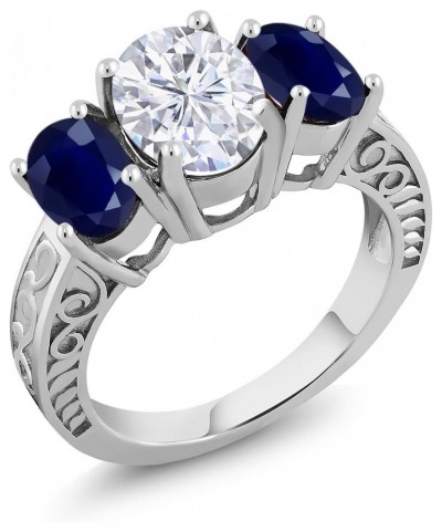 925 Sterling Silver 3-Stone Ring Near Colorless Oval 4.10cttw Moissanite and Sapphire $72.24 Rings