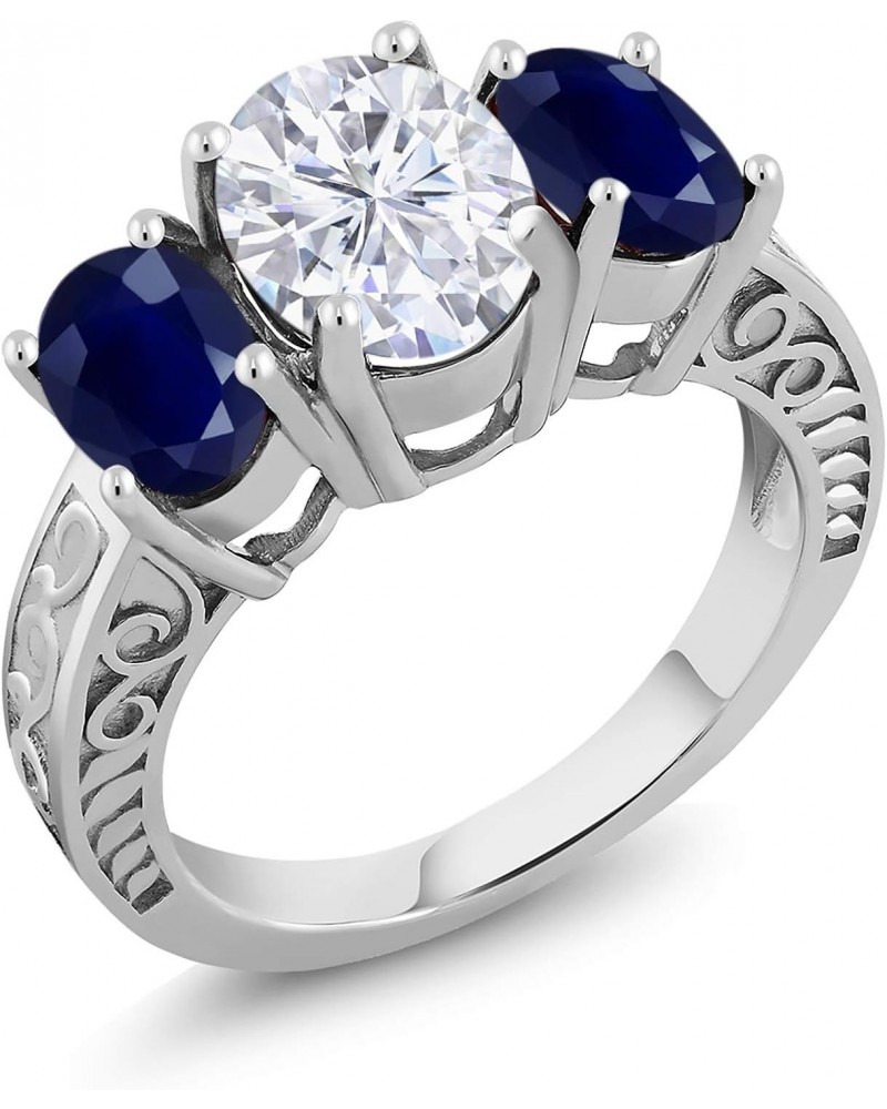 925 Sterling Silver 3-Stone Ring Near Colorless Oval 4.10cttw Moissanite and Sapphire $72.24 Rings