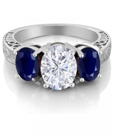 925 Sterling Silver 3-Stone Ring Near Colorless Oval 4.10cttw Moissanite and Sapphire $72.24 Rings