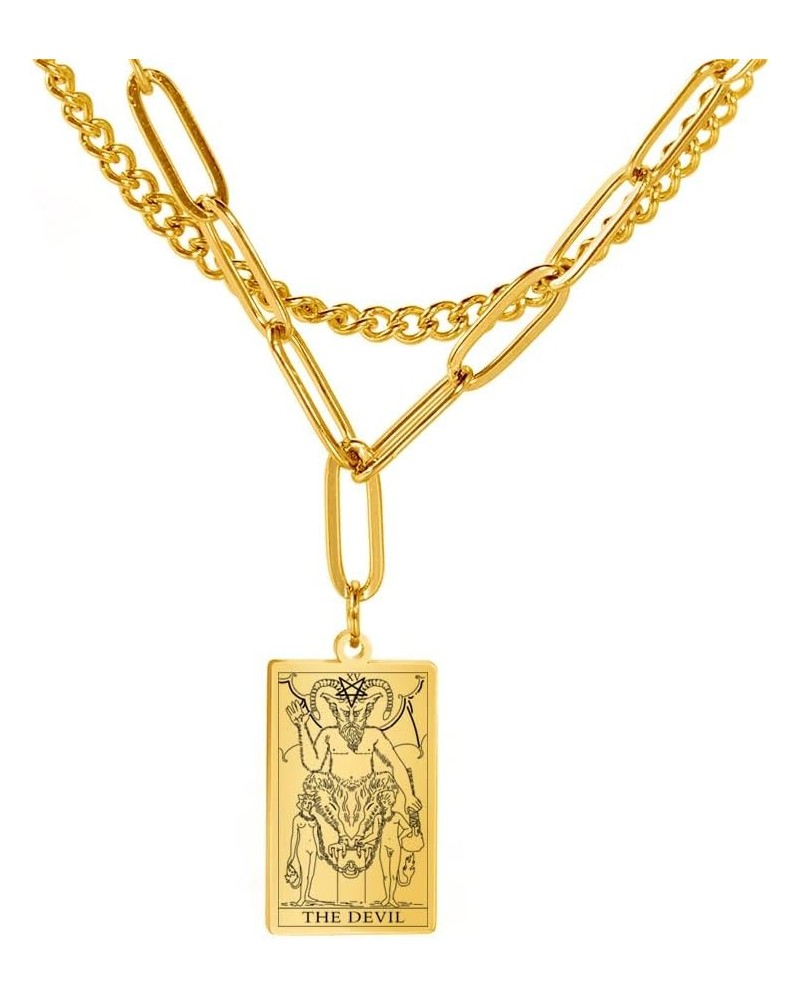 Double Layer Necklace Vintage Tarot Jewelry Good Luck Amulet Pendants Stainless Steel Necklace Gold-THE DEVIL $8.66 Necklaces