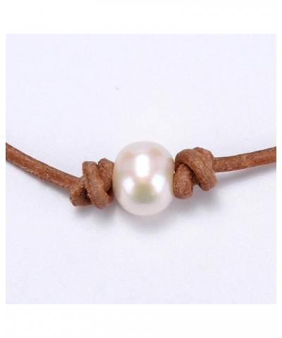 Single Pearl Choker Necklace on Genuine Leather Cord for Women Handmade Choker Jewelry Gift 16" Tan $7.00 Necklaces