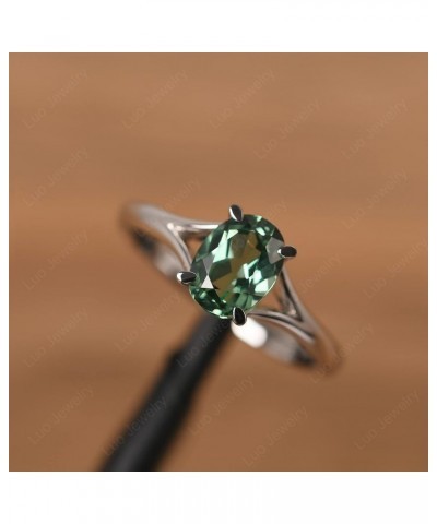 S925 Sterling Silver Gemstone Ring Split Shank Oval Shaped 8x6 mm Solitaire Engagement Promise Ring for Women Green Sapphire ...