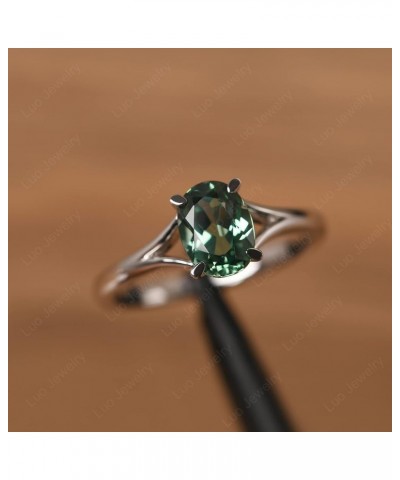 S925 Sterling Silver Gemstone Ring Split Shank Oval Shaped 8x6 mm Solitaire Engagement Promise Ring for Women Green Sapphire ...