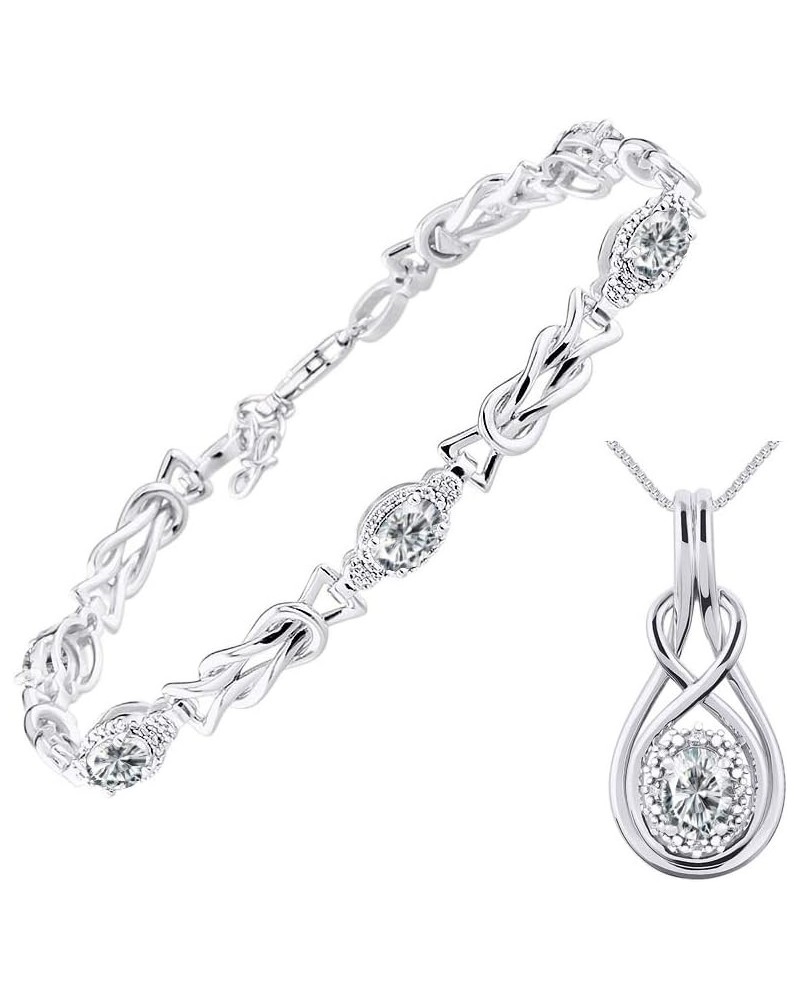 Women's Sterling Silver Love Knot Set: Tennis Bracelet & Pendant Necklace. Gemstone & Diamonds, 7"-8" Adjustable Wrist, 18" C...