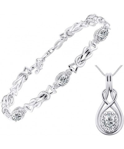 Women's Sterling Silver Love Knot Set: Tennis Bracelet & Pendant Necklace. Gemstone & Diamonds, 7"-8" Adjustable Wrist, 18" C...