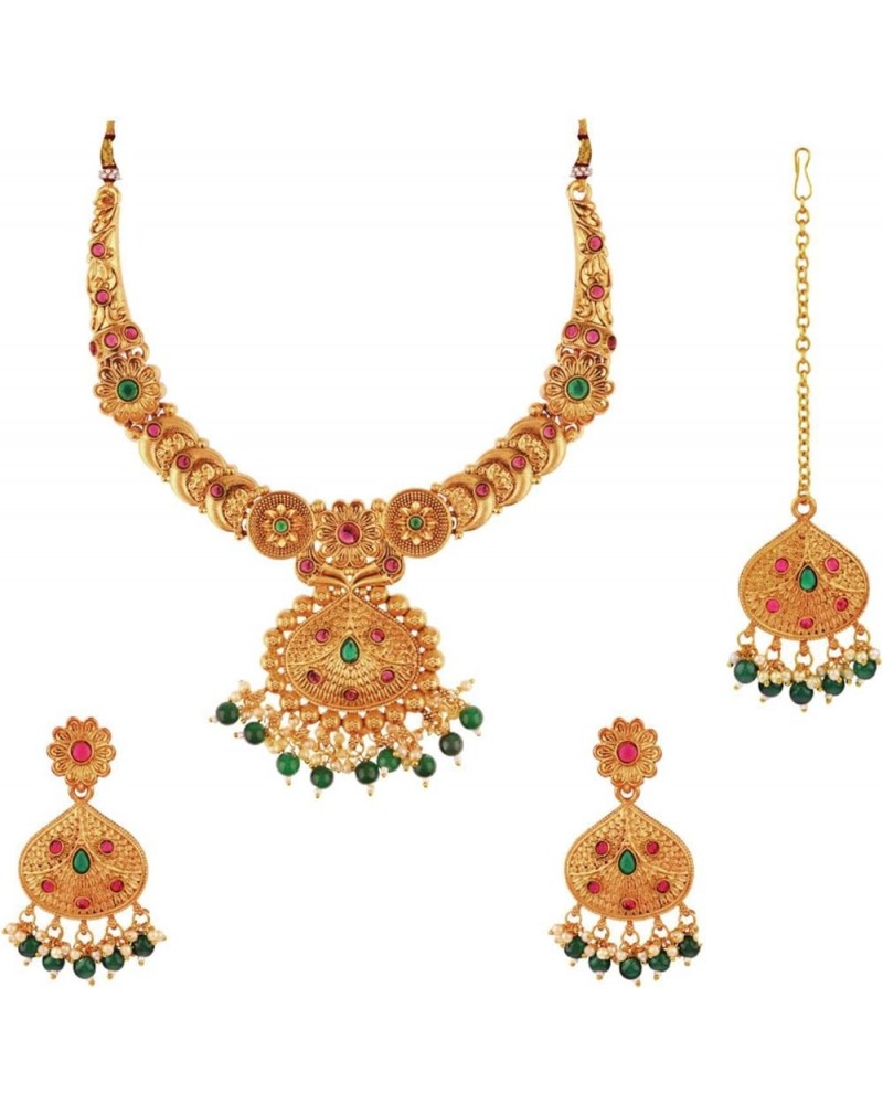 Indian Bollywood Traditional Crystal Pearl Wedding Choker Necklace Earrings Maang Tikka Jewelry Set Pink, Green $18.16 Jewelr...