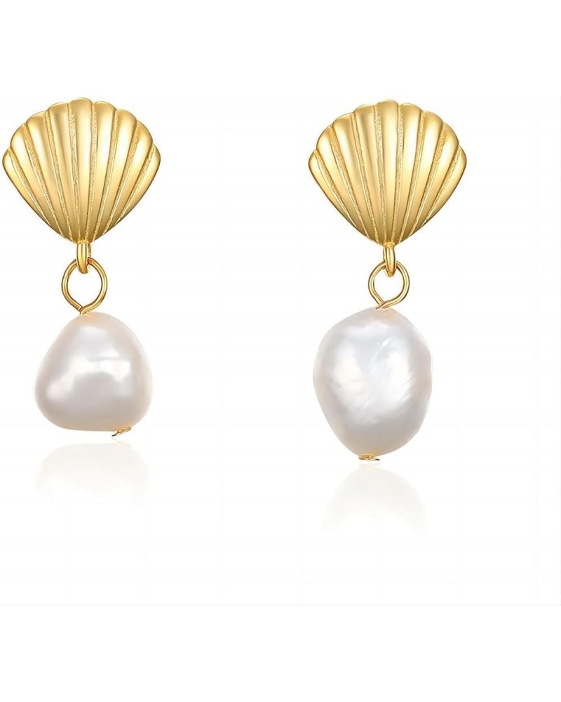 Seashell Pearl Drop Earrings for Women, Baroque Pearl Seashell Dangle Earrings, Cute Shell Earrings Studs, Shell Drop Earring...