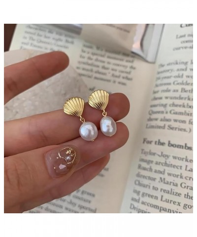 Seashell Pearl Drop Earrings for Women, Baroque Pearl Seashell Dangle Earrings, Cute Shell Earrings Studs, Shell Drop Earring...