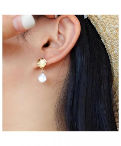 Seashell Pearl Drop Earrings for Women, Baroque Pearl Seashell Dangle Earrings, Cute Shell Earrings Studs, Shell Drop Earring...