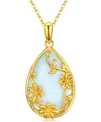 14K Solid Gold White Opal Necklace for Women,Real Gold Teardrop Opal Flower Pendant Necklace Jewelry Gifts for Girls Mom Wife...