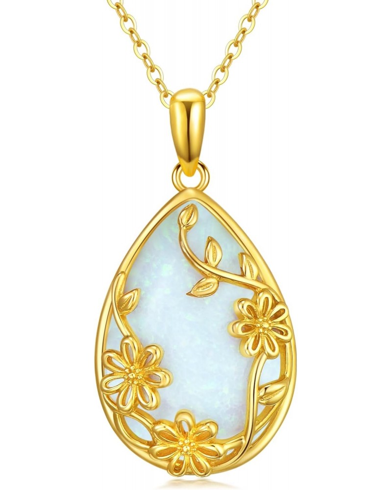 14K Solid Gold White Opal Necklace for Women,Real Gold Teardrop Opal Flower Pendant Necklace Jewelry Gifts for Girls Mom Wife...