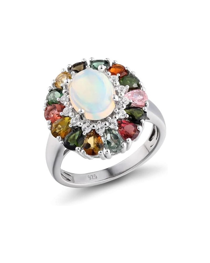 Women 925 Sterling Silver Opal Ring Tourmaline Multicolor Natural Gemstone Ring for Women Girls Natural Birthstone Ring Size ...