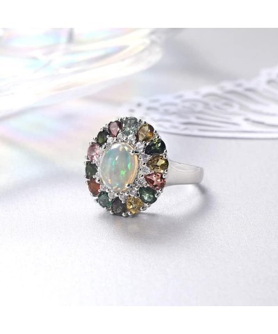 Women 925 Sterling Silver Opal Ring Tourmaline Multicolor Natural Gemstone Ring for Women Girls Natural Birthstone Ring Size ...