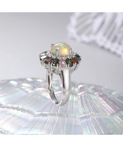 Women 925 Sterling Silver Opal Ring Tourmaline Multicolor Natural Gemstone Ring for Women Girls Natural Birthstone Ring Size ...