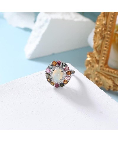 Women 925 Sterling Silver Opal Ring Tourmaline Multicolor Natural Gemstone Ring for Women Girls Natural Birthstone Ring Size ...