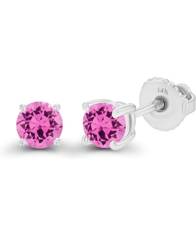 Solid 14K Gold 4mm Round Hypoallergenic Genuine Birthstone Solitaire Screwback Stud Earrings Pink Sapphire Created White Gold...