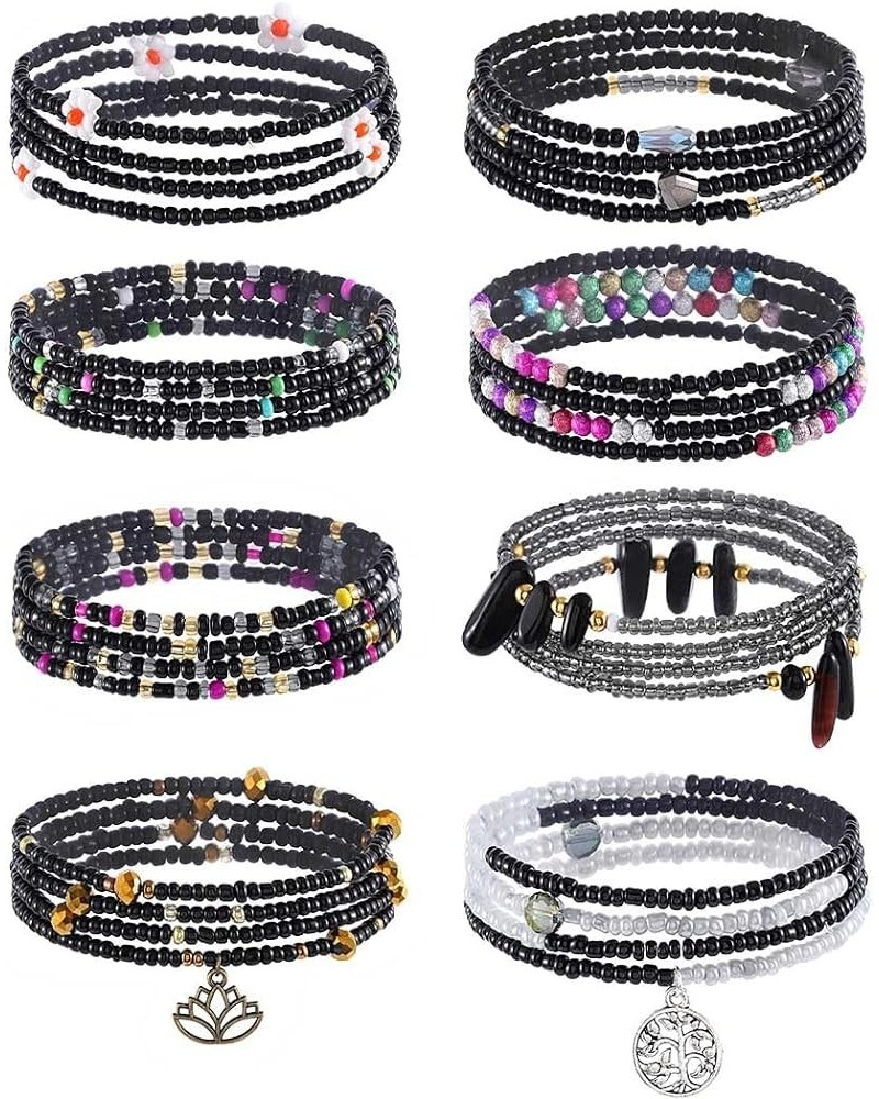 24-39inch African Waist Beads for Women 8Pcs Elastic Belly Beads Colorful Beaded Waist Jewelry Accessories Body Chain Black 4...