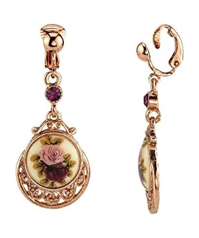 1928 Jewelry Women's Rose Gold Tone Manor House Purple & Pink Rose Flower Amethyst Crystal Drop & Dangle Earrings Clip On $17...