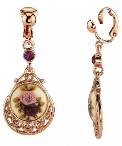 1928 Jewelry Women's Rose Gold Tone Manor House Purple & Pink Rose Flower Amethyst Crystal Drop & Dangle Earrings Clip On $17...