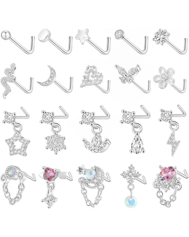 20 Pcs 20G Dangle Nose Rings Studs for Women Stainless Steel L Shaped Nose Studs Heart Arrow Feather Snowflake Wing CZ Dangli...