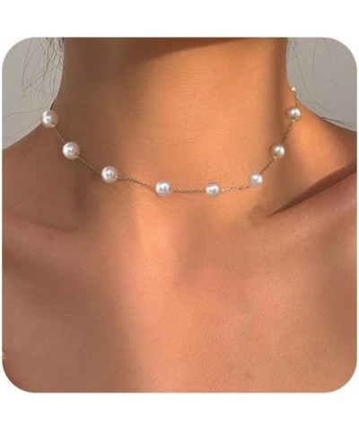 Dainty Pearl Necklace for Women Girls 14K Gold Plated Faux Pearl Choker Necklaces Trendy White Silver Small Pearl Necklace St...