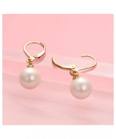 White Pearl Drop Earrings for Women 18K Gold Plated Dainty Leverback Dangle Earring Elegant Jewelry Gift… Gold 10mm circular ...